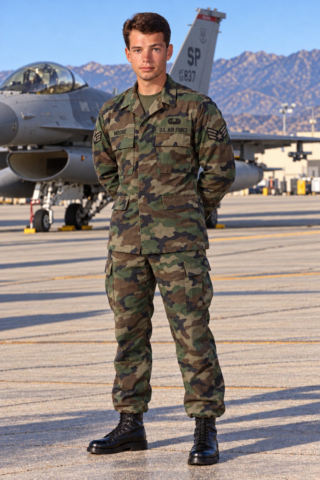 Chad Moore in U.S. Air Force woodland camouflage BDUs, standing on the flight line in front of a fighter jet with mountains behind