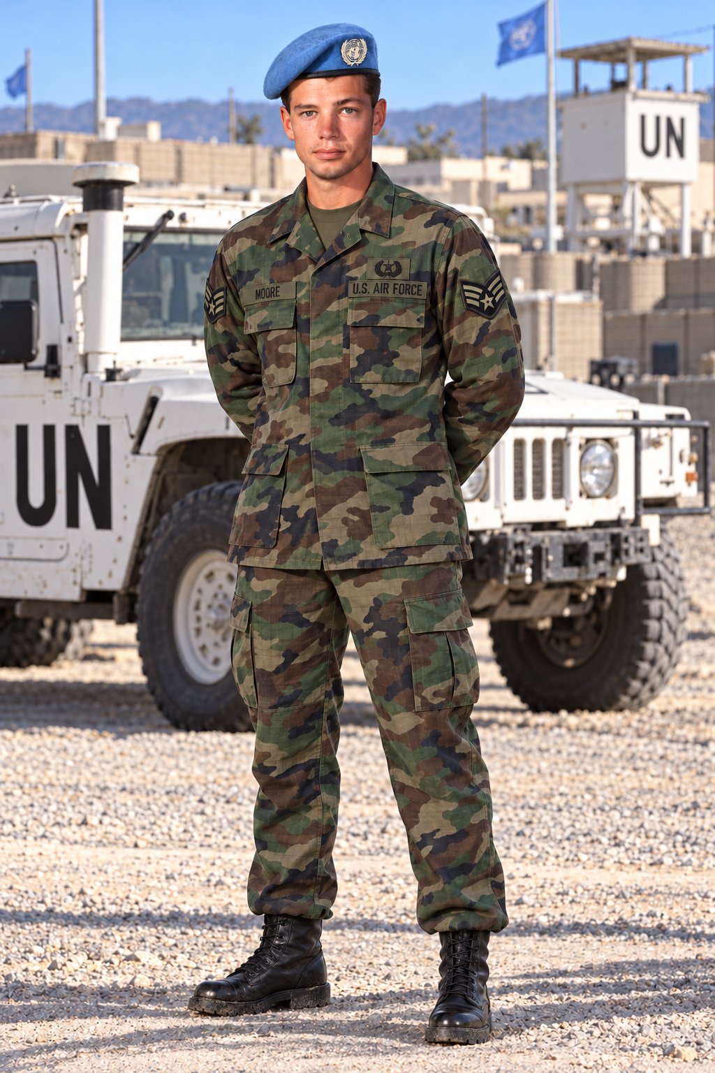 Chad Moore in U.S. Air Force camouflage BDUs and a UN blue beret, standing in front of white UN vehicles at a United Nations compound