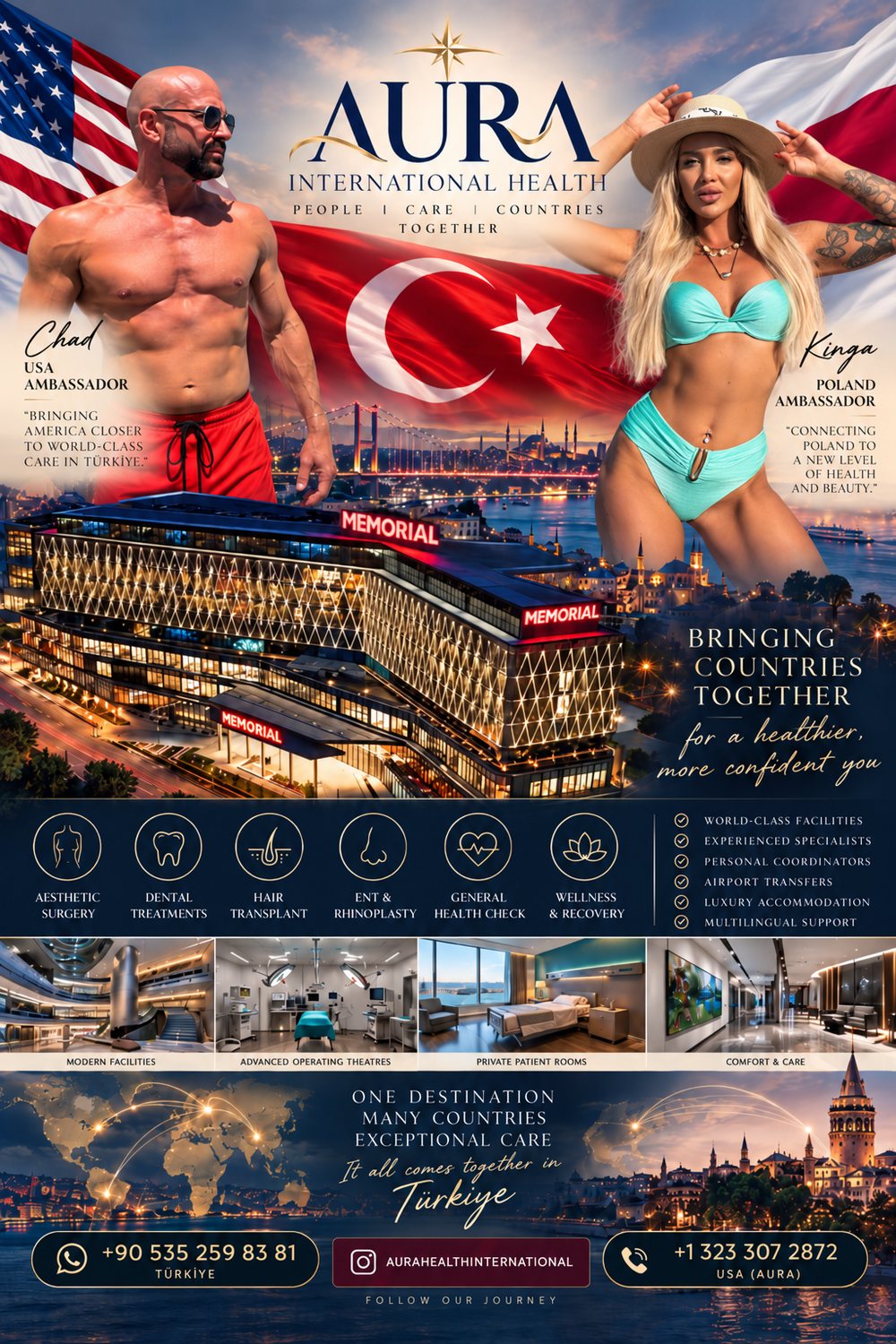 Aura International Health poster with Chad, USA Ambassador, and Kinga, Poland Ambassador, in front of the U.S., Turkish and Polish flags above Memorial hospital in Istanbul