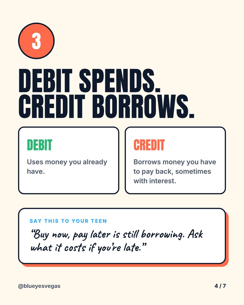 3. Debit spends, credit borrows: credit is money you pay back, sometimes with interest