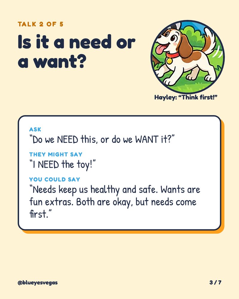 Talk 2: Is it a need or a want? Needs keep us healthy and safe; wants are fun extras