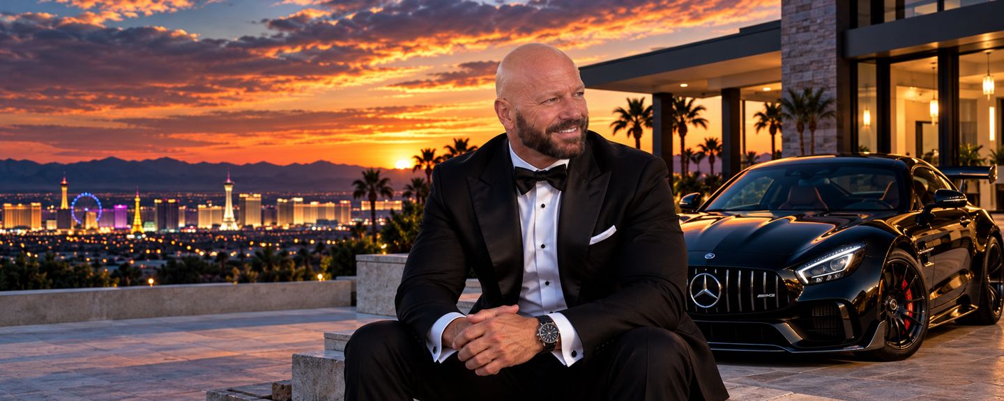 Chad Moore in a black tuxedo, seated with hands clasped at sunset above the Las Vegas Strip, his black Mercedes-AMG parked behind him
