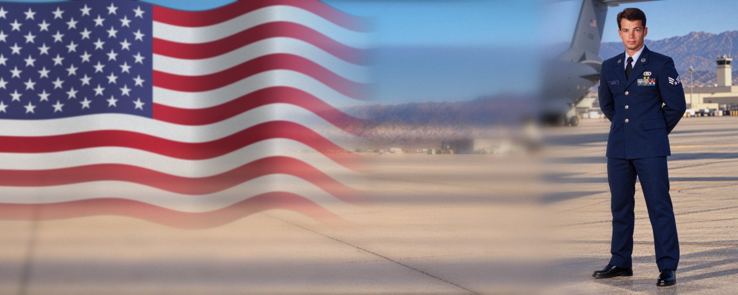 Chad Moore as a U.S. Air Force Senior Airman in service dress on the flight line, a cargo plane and mountains behind him