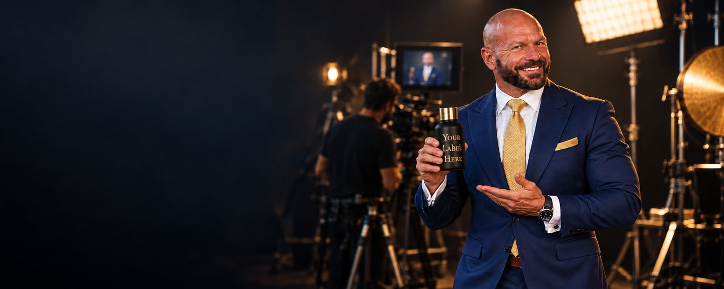 Chad Moore in a navy suit and gold tie on a studio set, smiling and presenting a black product bottle labeled Your Label Here, with a camera operator and studio lights behind him