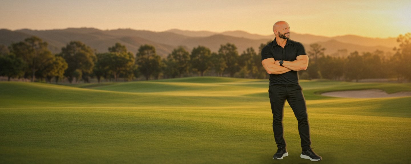 Chad Moore in a black polo with his arms crossed, standing on a golf course at sunset