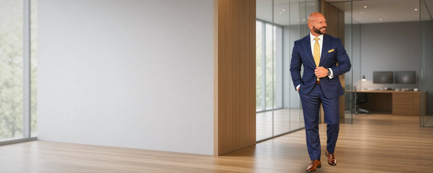 Chad Moore in a navy suit and gold tie, walking through a modern glass-walled office