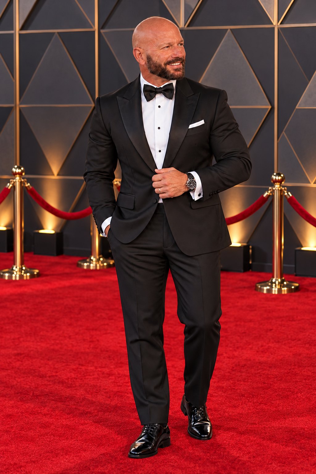 Chad Moore in a black tuxedo, white shirt and black bow tie, smiling