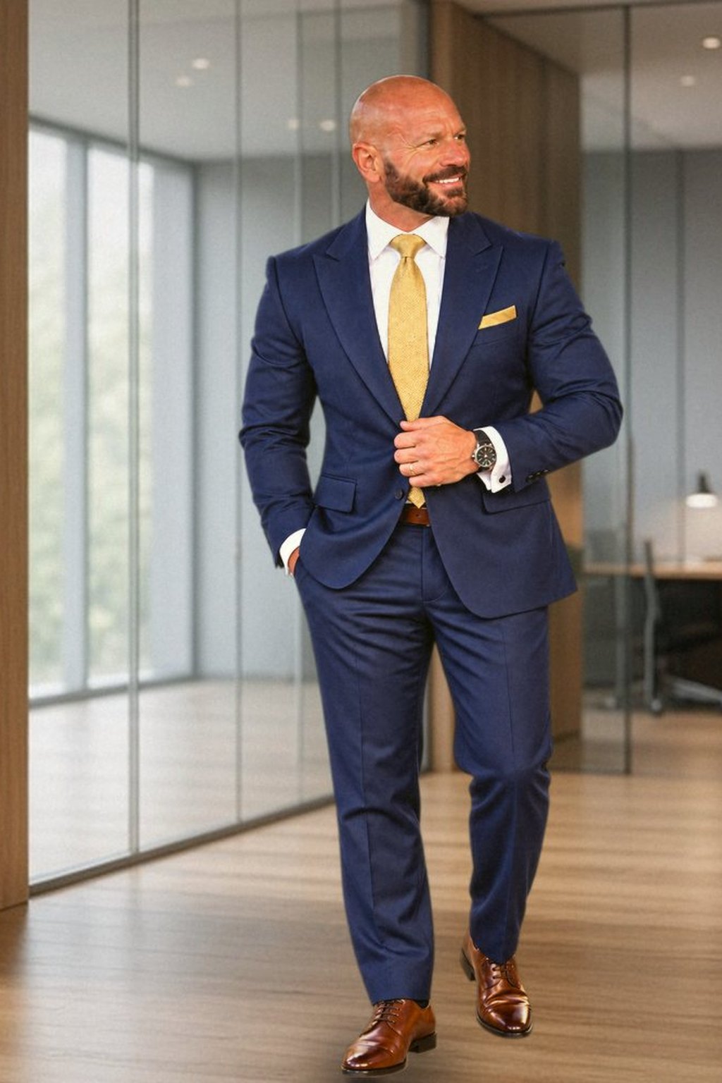 Chad Moore in a navy suit and gold tie in a modern office