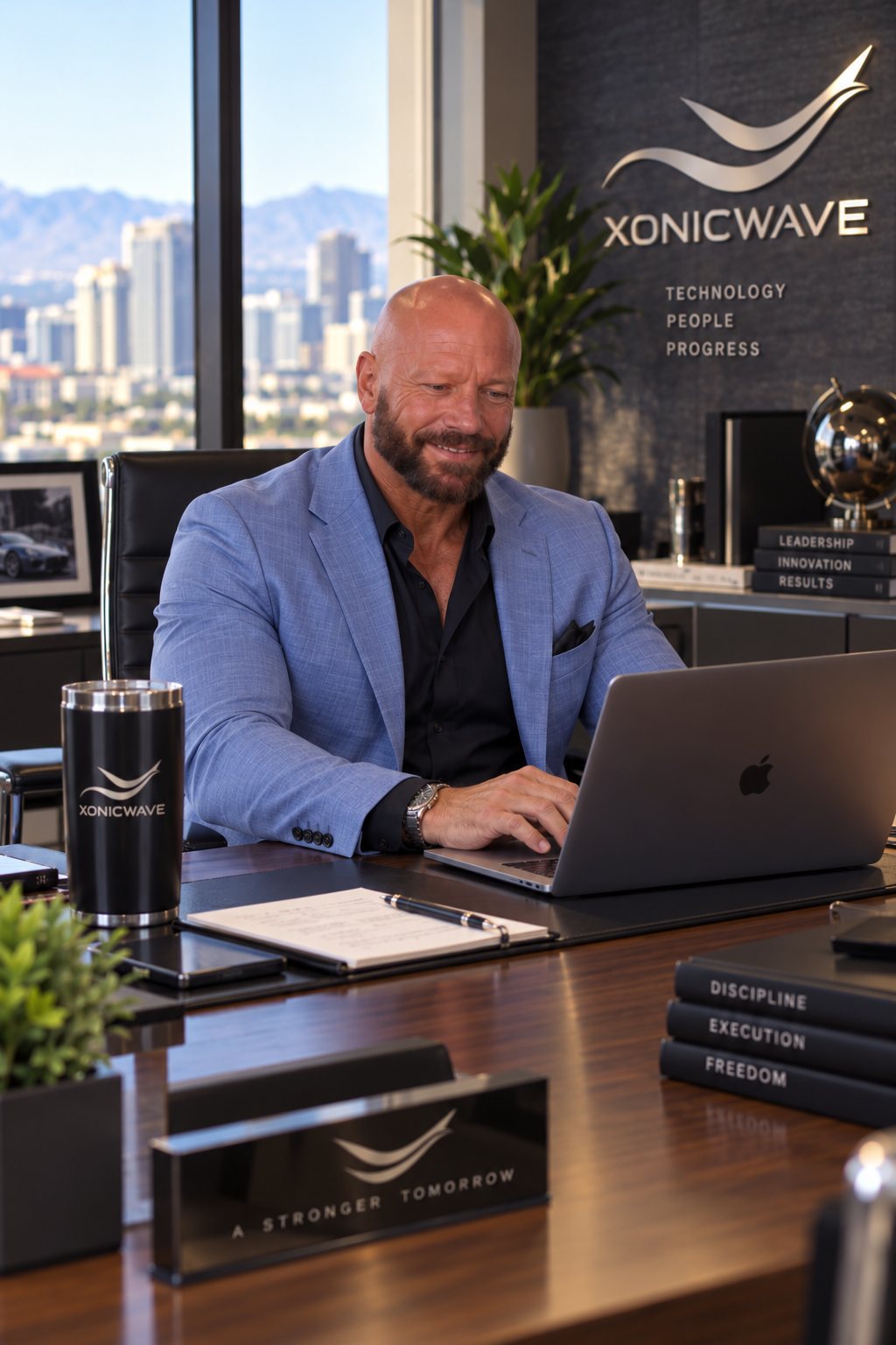 Chad Moore in a light blue blazer working on a laptop at his desk in the Xonicwave office, with a city and mountain view behind him