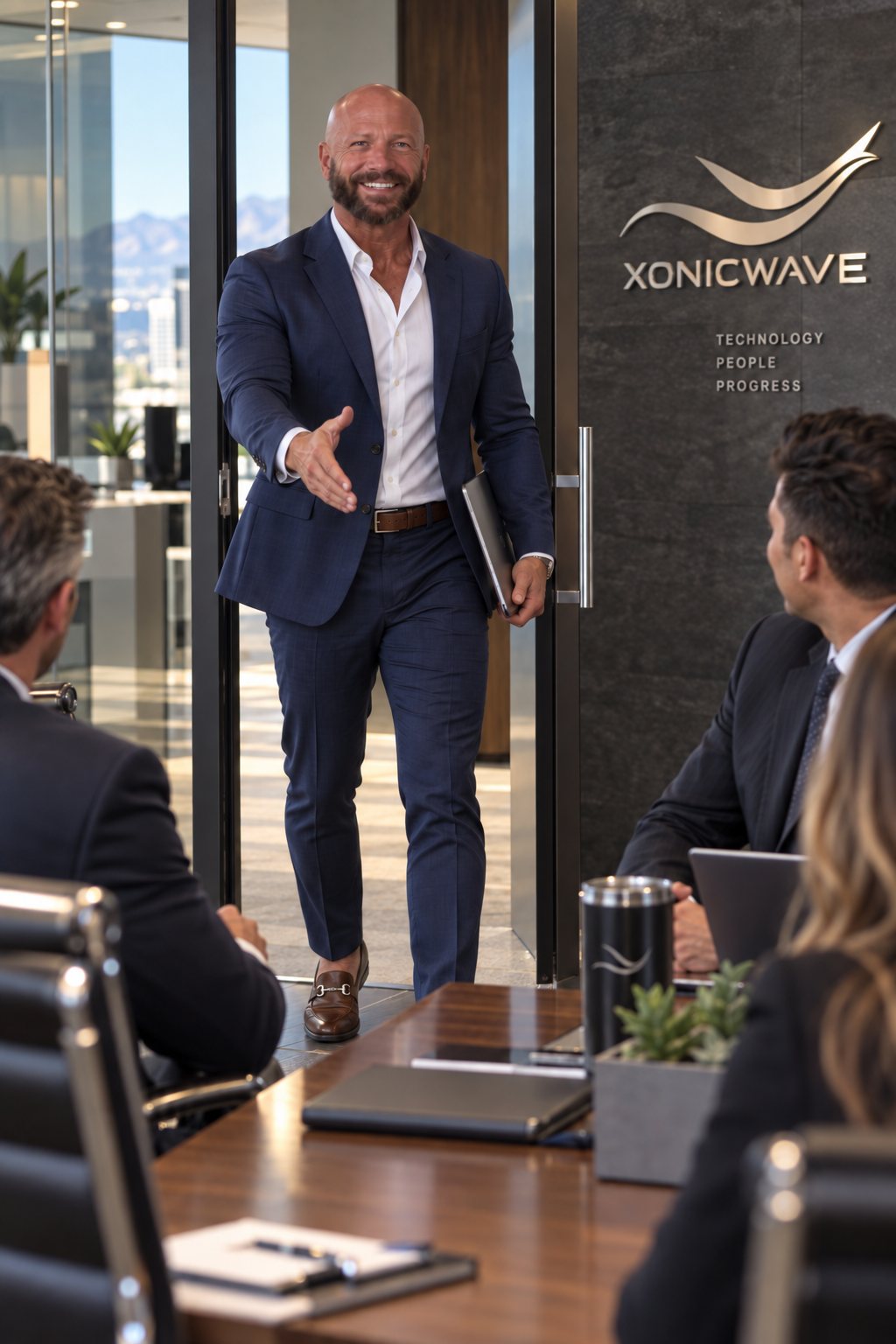 Chad Moore in a navy suit walking into a Xonicwave conference room, smiling and reaching out to shake hands with clients seated at the table